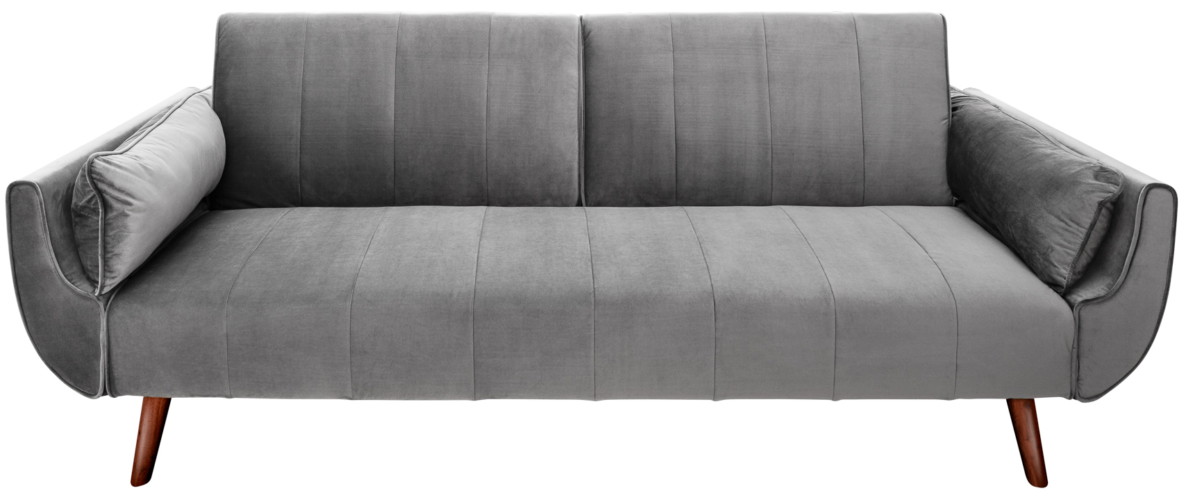 Sofa rozkładana aksamit srebrnoszara z brązowymi nogami do salonu – grafika-1.