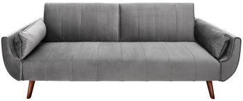 Sofa rozkładana aksamit srebrnoszara z brązowymi nogami do salonu – grafika-1.