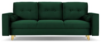 Sofa rozkładana dla 3 osób na złotych nogach welur butelkowa zieleń 222x100 cm – obraz-1