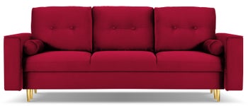 Sofa rozkładana dla 3 osób na złotych nogach welur czerwona 222x100 cm – obraz-1