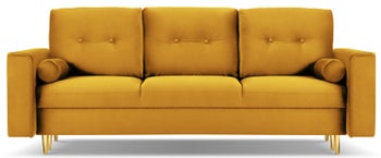 Sofa rozkładana dla 3 osób na złotych nogach welur żółta 222x100 cm – obraz-1