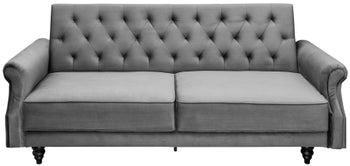 Sofa rozkładana z podłokietnikami pikowana szara nogi drewniane czarne 220 cm – grafika-1.