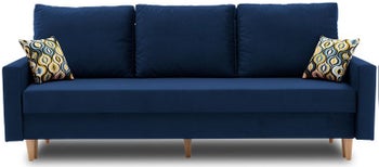 Sofa rozkładana z pojemnikiem granatowa tkanina kronos nogi buk naturalny 212 cm – obraz-1