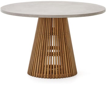 Stół ogrodowy blat cement szary - podstawa drewno tekowe naturalne ∅120 cm – obraz-1