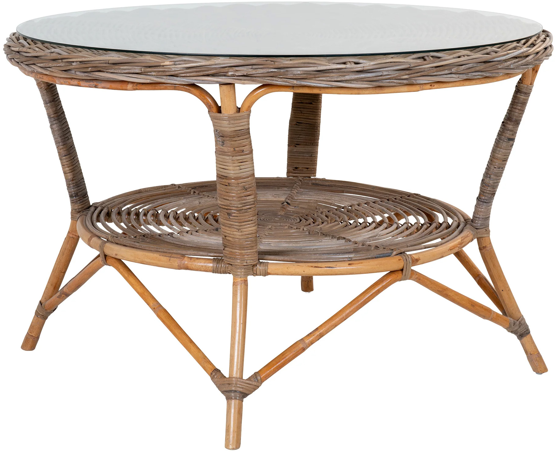 Stół ogrodowy rattanowy naturalny okrągły ze szklanym blatem Ø120x77 cm – grafika-1.