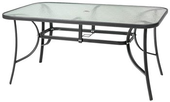 Stół ogrodowy z otworem na parasol blat szkło hartowane - nogi stal czarne 150x90 cm – obraz-1