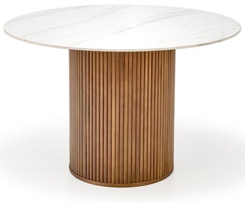 Stół okrągły z ceramicznym białym blatem podstawa drewniana kolor orzech Ø120 cm – obraz-1