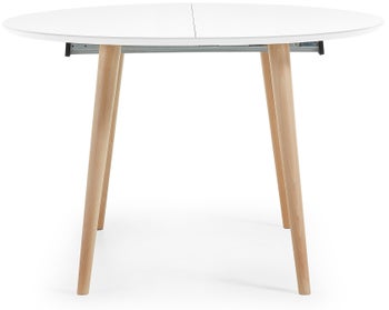 Stół rozkładany okrągły biały blat drewniane nogi buk 120-200x120 cm – obraz-1