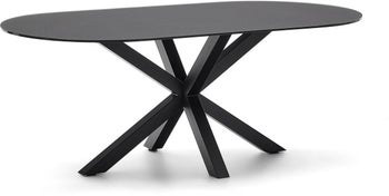 Stół ze szklanym blatem i metalowymi skrzyżowanymi nogami 200x100 cm czarny zaokrąglony – obraz-1