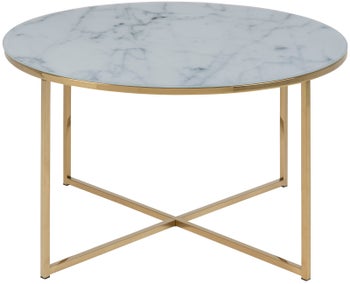 Okrągły biały stolik kawowy z metalowym blatem szklanym do stylowego wnętrza – grafika-1.