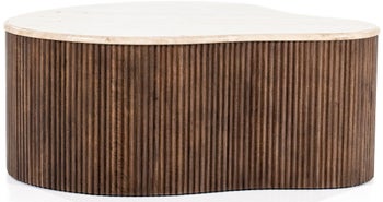 Stolik kawowy blat z trawertynu podstawa drewno mango 83x72 cm – obraz-1