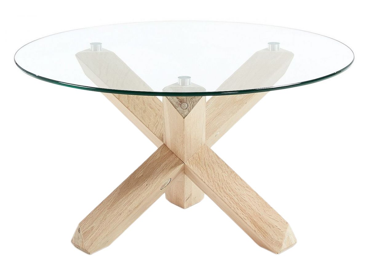 Stolik kawowy okrągły z drewna dębowego blat szklany Ø65x45 cm – obraz-1