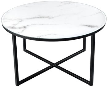 Stolik kawowy szklany biały stylizowany na marmur z metalowymi nogami – grafika-1.