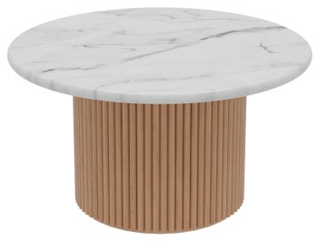 Stolik kawowy do salonu blat marmur biały - podstawa drewno dębowe naturalne Ø85x45 cm – obraz-1