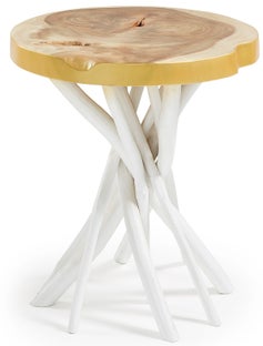 Stolik kawowy Ø56 cm biało-drewniany – obraz-1