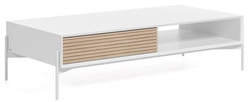 Stolik kawowy z półką i szufladą fornirowany biały 147x70 cm – obraz-1