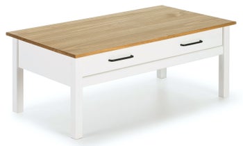 Stolik kawowy prostokątny z szufladą drewniany blat brązowy korpus biały 100x55 cm – obraz-1