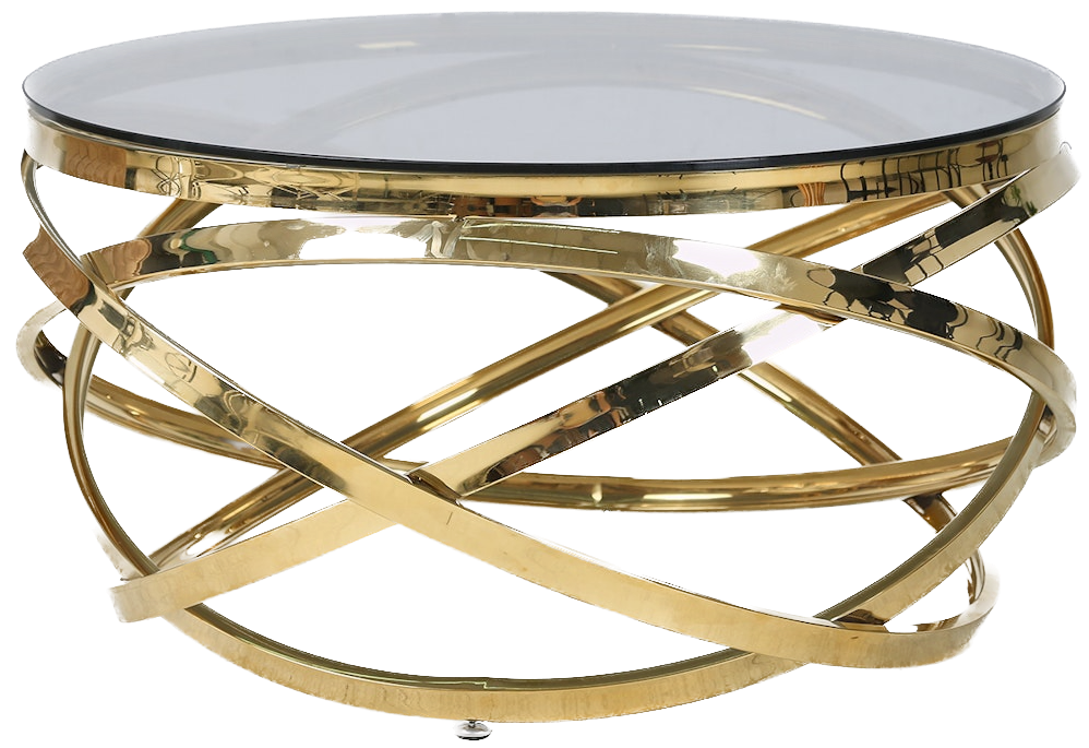 Okrągły szary stolik kawowy z ozdobną złotą ramą i szklanym blatem – grafika-1.