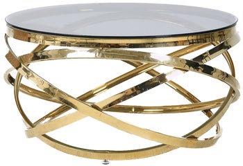 Okrągły szary stolik kawowy z ozdobną złotą ramą i szklanym blatem – grafika-1.