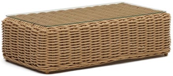 Stolik kawowy ogrodowy blat szklany - podstawa technorattan naturalny 112x60 cm – obraz-1