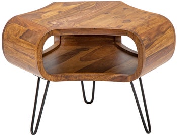 Asymetryczny stolik kawowy z półką brązowy naturalny styl – grafika-1.