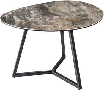Owalny stolik kawowy z blatem imitującym marmur w kolorze taupe z czarnymi nogami – grafika-1.