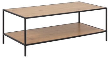 Stolik kawowy prostokątny z półką blaty drewniane naturalne podstawa metalowa czarna 120x60 cm – obraz-1