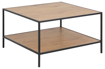 Stolik kawowy kwadratowy z półką blaty drewniane naturalne podstawa metalowa czarna 80x80 cm – obraz-1