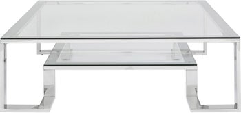 Stolik kawowy kwadratowy blat szklany podstawa metalowa srebrna 120x120 cm – obraz-1