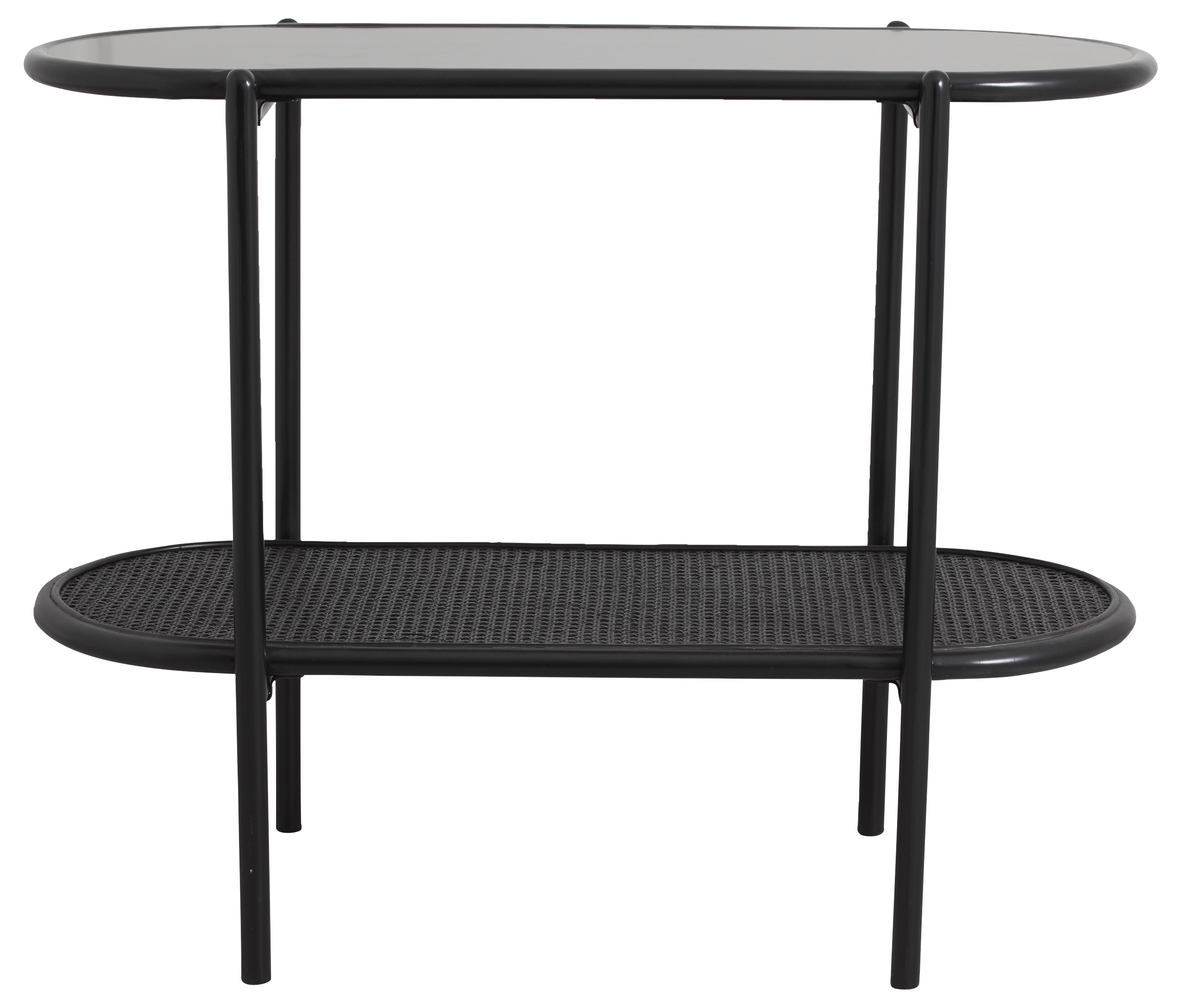 Stolik kawowy owalny z półką blaty rattanowe czarne 100x46 cm – obraz-1