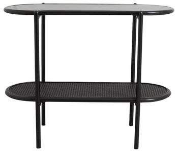 Stolik kawowy owalny z półką blaty rattanowe czarne 100x46 cm – obraz-1