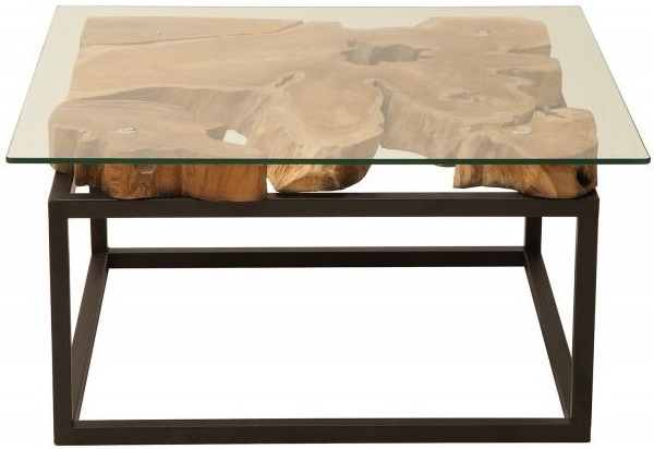 Stolik kawowy Teak Root 80x80 cm blat szklany – obraz-1