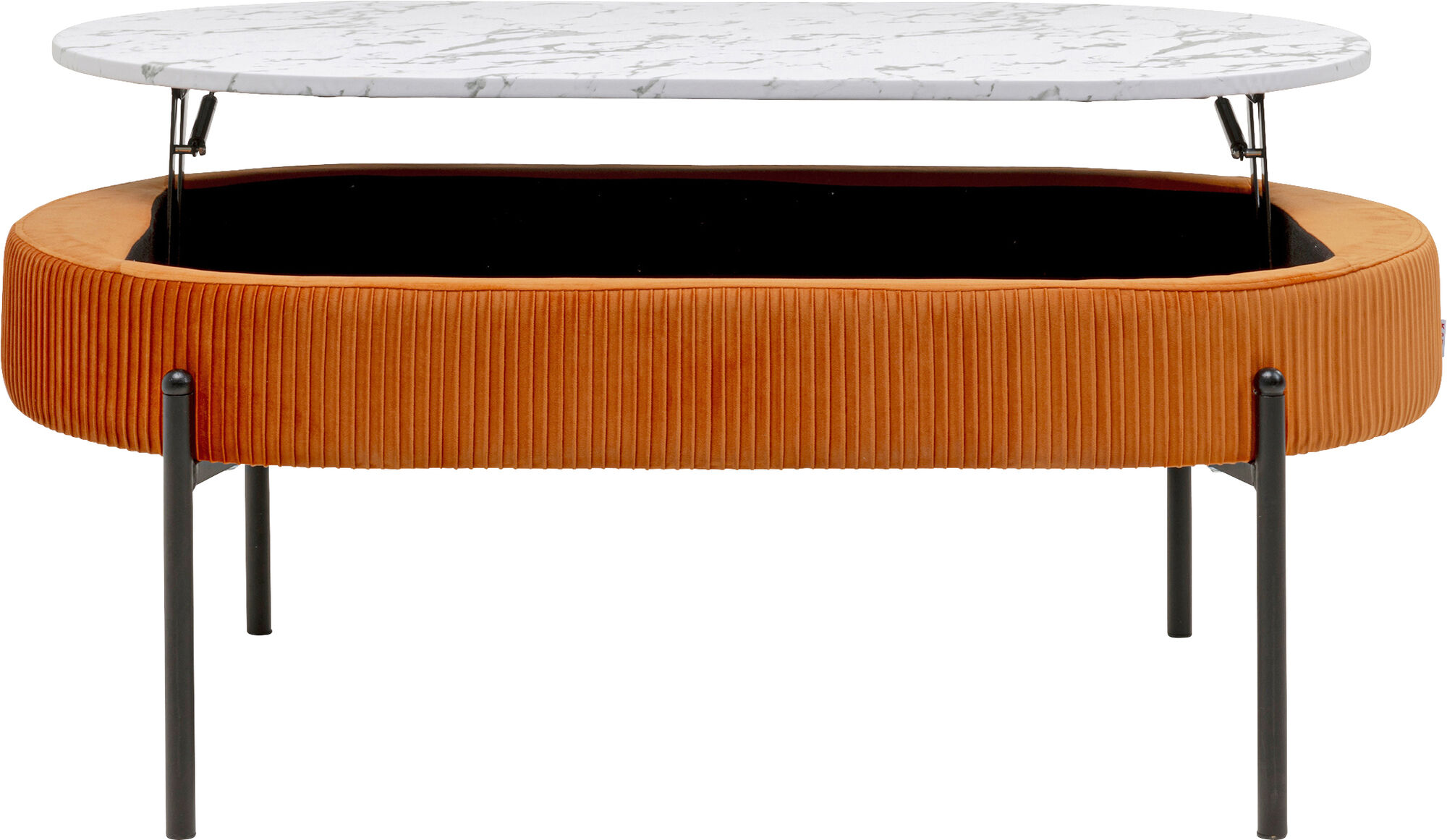 Stolik kawowy tkanina brązowa blat MDF imitacja marmuru 114x60 cm nogi czarne – obraz-1