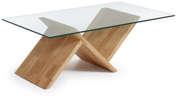 Stolik kawowy prostokątny blat szklany podstawa z drewna dębowego 120x70 cm – obraz-1