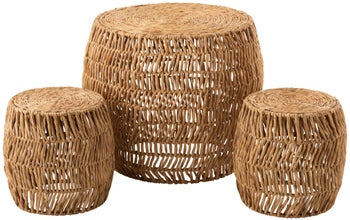 Stolik kawowy okrągły z dwoma podnóżkami bambusowy naturalny Ø76x63 cm – obraz-1