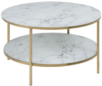 Stolik kawowy okrągły z półką szklany biały marmur metalowe nogi złote – grafika-1.