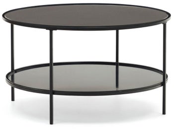 Stolik kawowy z półką czarny matowy szkło hartowane i stal Ø80 cm – obraz-1