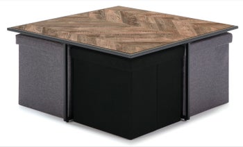 Stolik kawowy z czterema pufami blat z MDF brązowy nogi metalowe czarne 90x90 cm – obraz-1