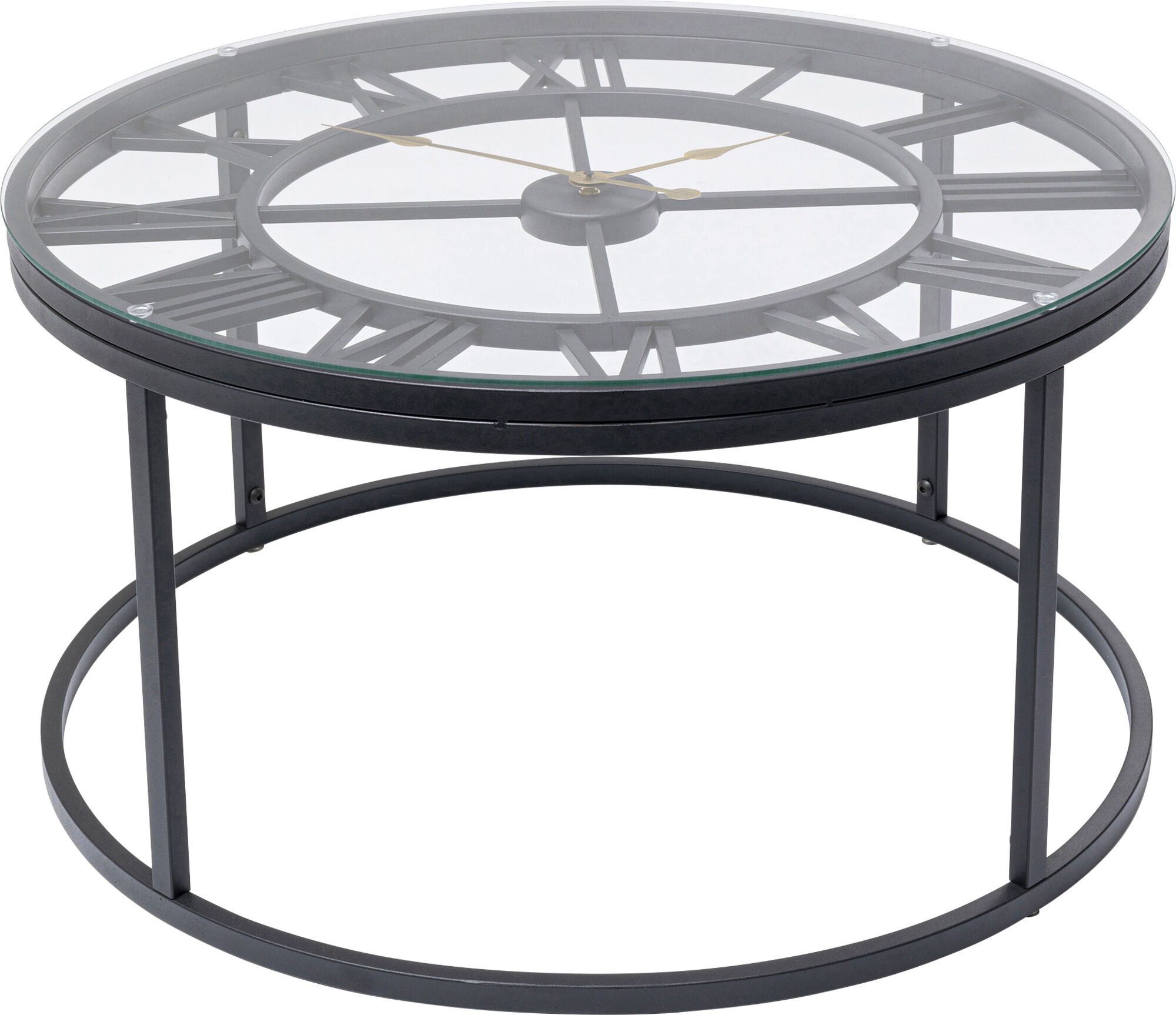 Stolik kawowy z zegarem blat szklany podstawa metalowa czarna Ø76x42 cm – obraz-1