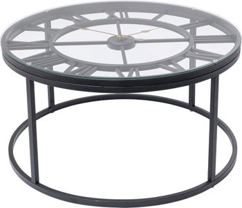 Stolik kawowy z zegarem blat szklany podstawa metalowa czarna Ø76x42 cm – obraz-1