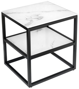 Stolik nocny z szklanym blatem w białym marmurowym stylu z czarną metalową ramą – grafika-1.