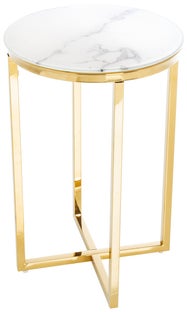 Stolik pomocniczy do salonu blat szklany stylizowany na marmur biały - nogi metalowe złote Ø40x61 cm – obraz-1