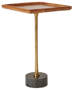 Stolik pomocniczy z akacjowego drewna z metalową nogą i marmurową podstawą – grafika-1.