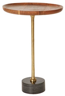 Stolik pomocniczy z akacjowego drewna z okrągłym blatem i złotą metalową nogą – grafika-1.