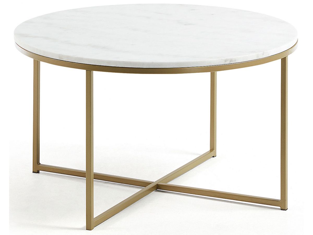 Stolik kawowy okrągły blat marmurowy biały podstawa metalowa złota Ø80x46 cm – obraz-1