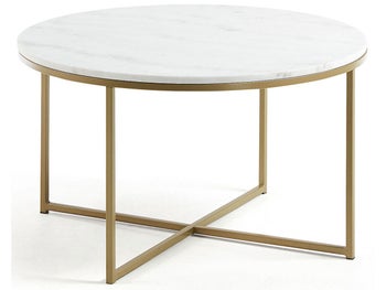 Stolik kawowy okrągły blat marmurowy biały podstawa metalowa złota Ø80x46 cm – obraz-1