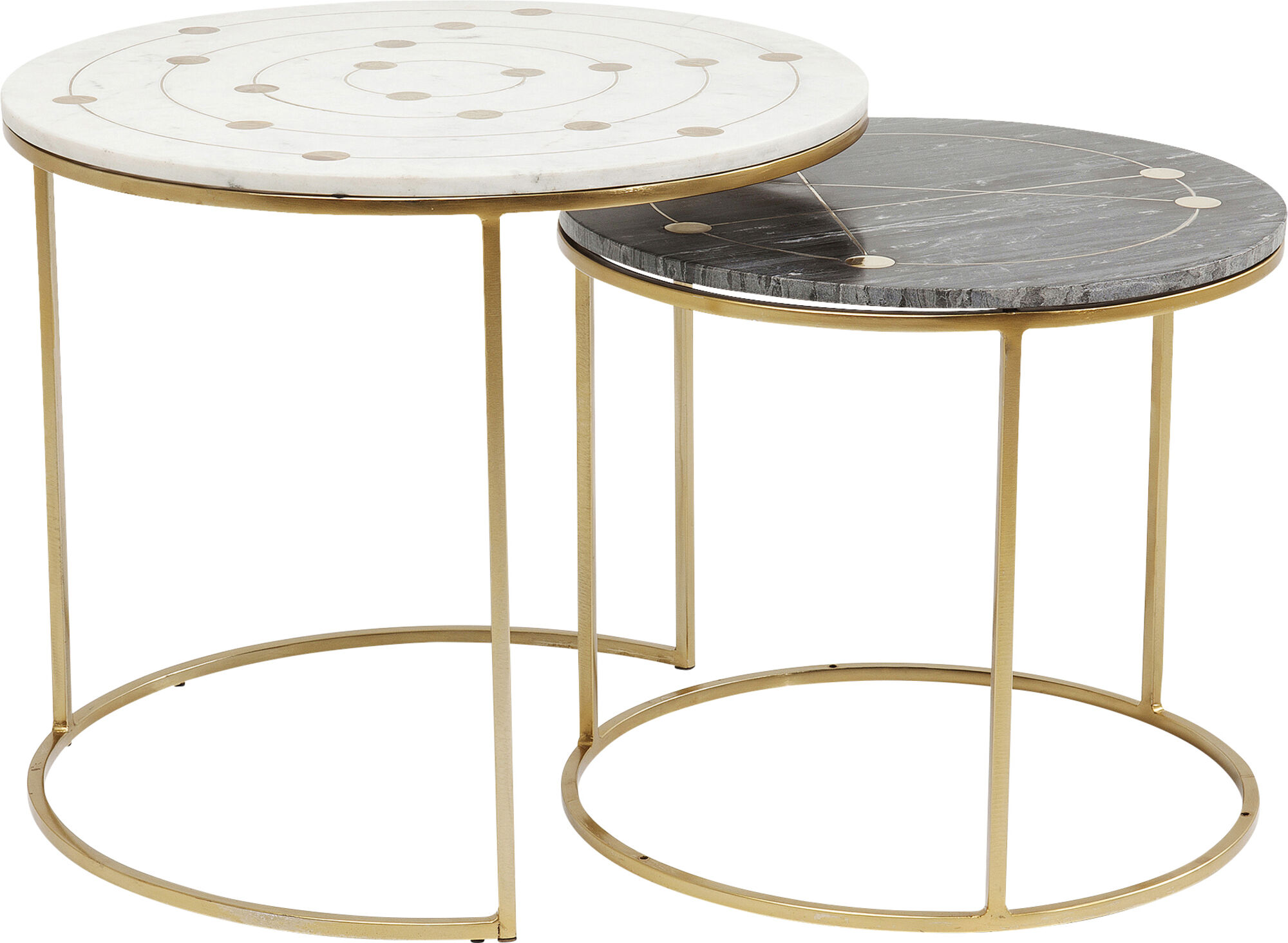 Zestaw dwóch stolików kawowych złote stelaże marmurowe blaty  – obraz-1