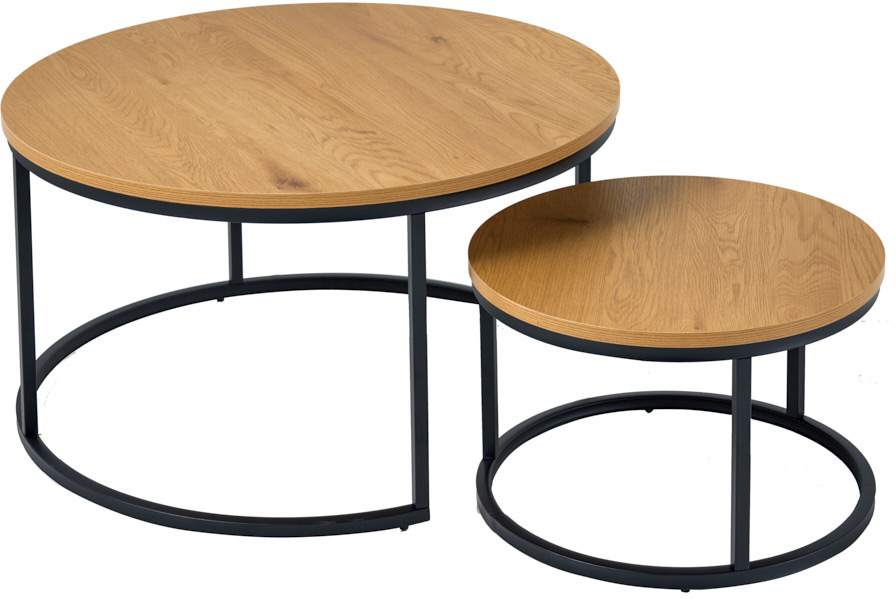 Stoliki kawowe okrągłe blaty imitujące drewno dębowe Ø80 cm podstawy czarne (2-set) – obraz-1