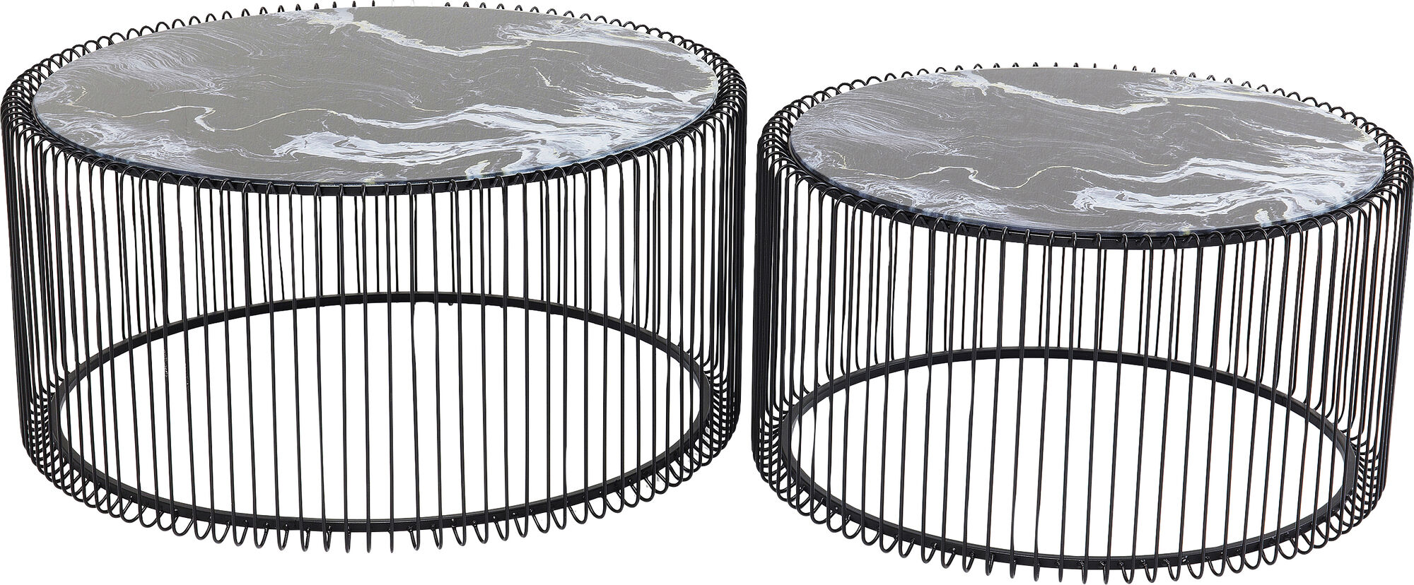 Sofabord Wire (2/Sett) Svart Metall/Marmorert Glass Ø69/60cm – bilde-1.
