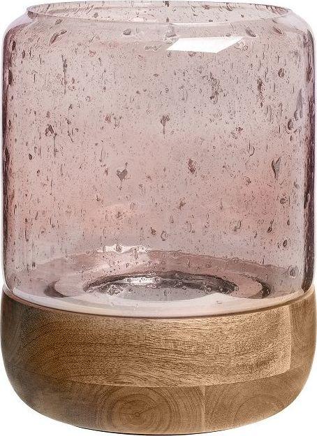 Świecznik różowy z drewniana podstawą 20x24 cm – obraz-1